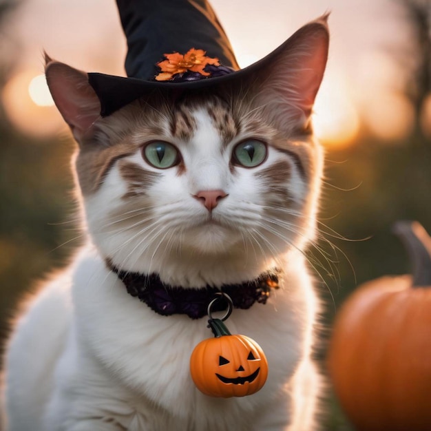 A feline adorned in a witch hat and seated beside a pumpkin showcasing a festive Halloween spirit