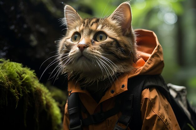 Feline Adventurer Journeying Across a Rainforest AI