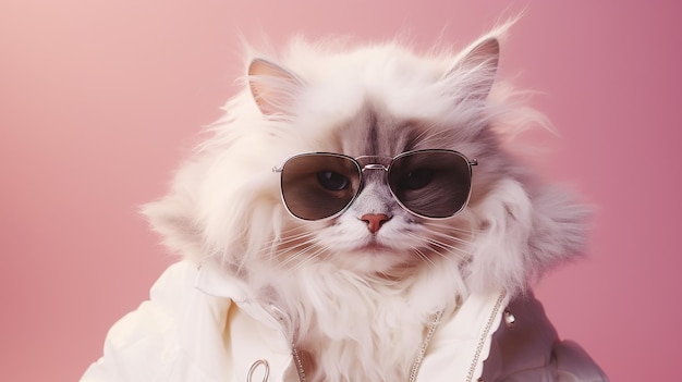 Feline Chic Close Portrait of a White Furry Cat in Fashion Sunglasses