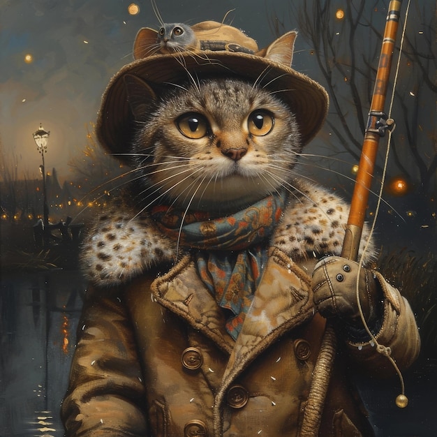 Feline Explorer in Wilderness Gear Preparing for Fishing Adventure