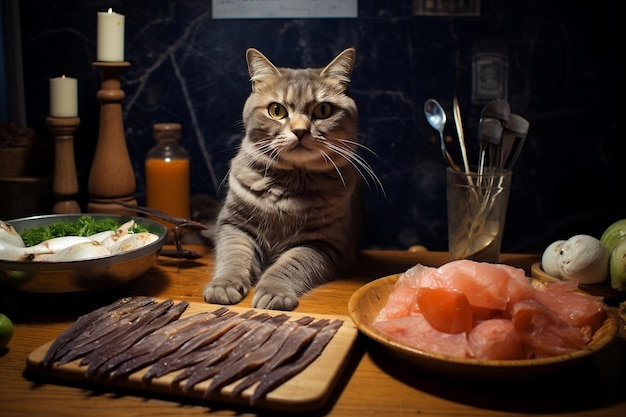 Feline Feast Domestic Cat with Raw Fish in Kitchen Generative AI