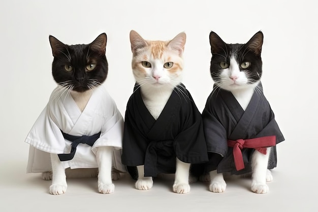 Feline Fighters Cats Dressed in Karate Gear Standing Like Humans on White Background