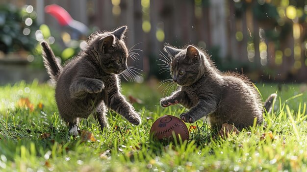 Photo feline football fun two gray cats playing in the yard