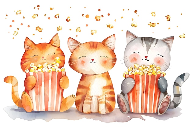 Feline Friends Enjoying Popcorn on a Minimal Watercolor Background