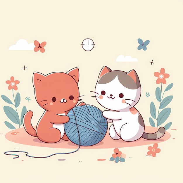 Feline Fun Cartoon Cat Celebrates International Cat Day with Yarn Ball Playtime