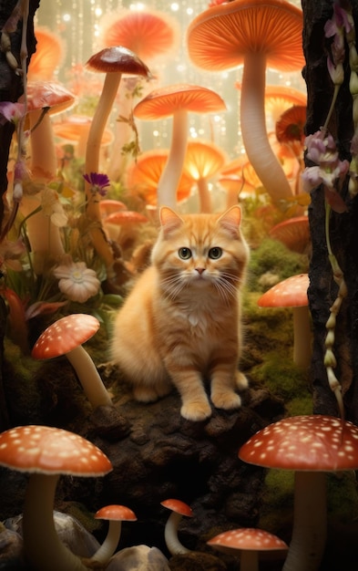 Feline in a Garden with Mushrooms