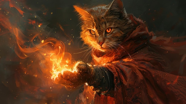 A feline mage its eyes glowing with eldritch fire