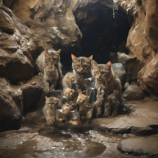 Feline Oasis A Family of Cats Quenching Their Thirst by the Cave's Edge