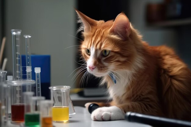 Feline scientist analyzing mysterious substance in laboratory setting created with generative ai