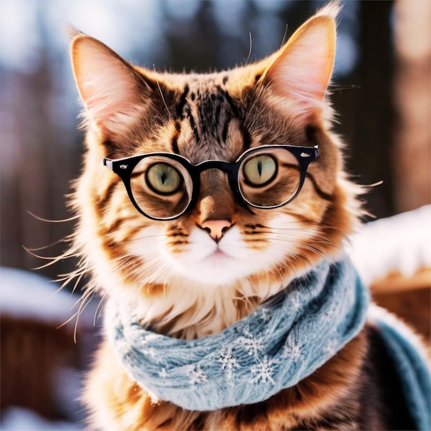 A feline with spectacles and a scarf standing amidst a snowy landscape