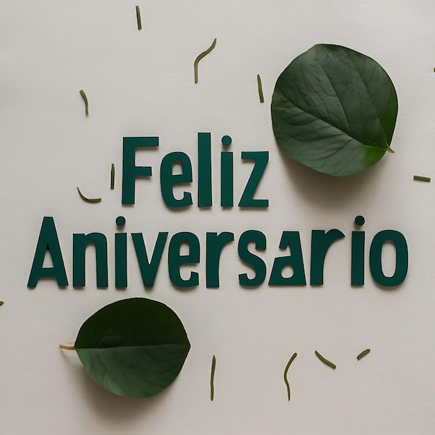 Feliz Aniversario Happy Birthday in Portuguese language greeting card banner poster with green leaf