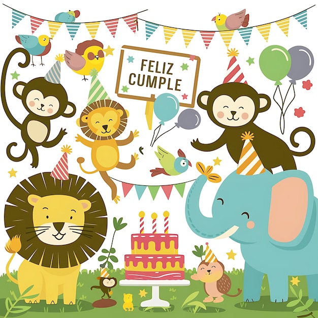 Feliz cumple and Feliz cumpleaos sign Happy Birthday for kids as anima cartoon in Spanish language