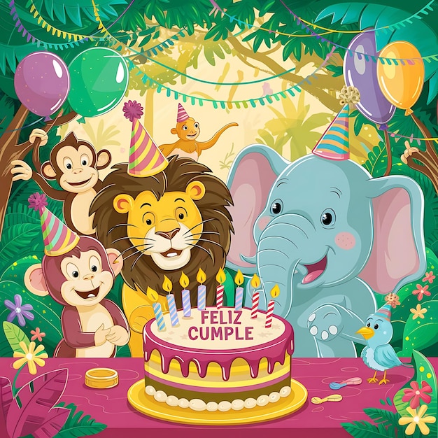 Feliz cumple and Feliz cumpleaos sign Happy Birthday for kids as anima cartoon in Spanish language