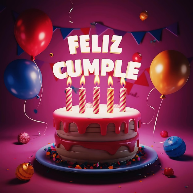 Feliz cumple and Feliz cumpleaos sign Happy Birthday in Spanish with cake candle balloon party