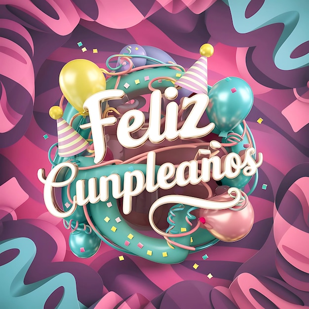 Feliz cumple and Feliz cumpleaos sign means Happy Birthday in Spanish language with cake balloon