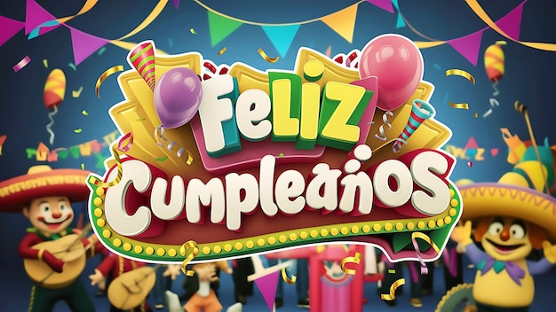 Feliz cumple and Feliz cumpleaos sign means Happy Birthday in Spanish language with cake balloon