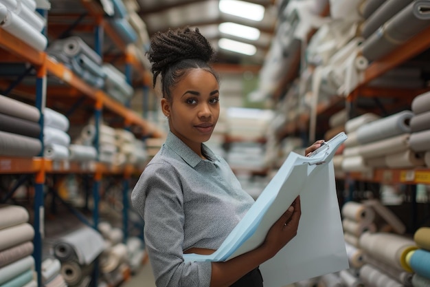 Female Accountant in Warehouse Working with Clipboard