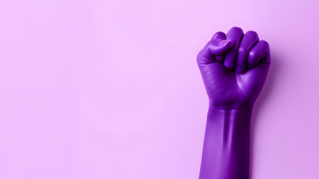 A female activist clenches fist painted purple Pink background Generative AI