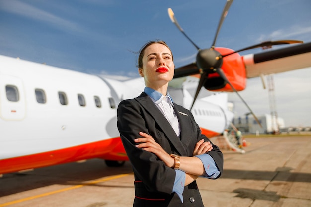 Female airline worker standing near plane at airport