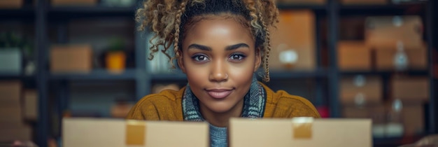 Female American merchant packaging orders for shipment at her online store