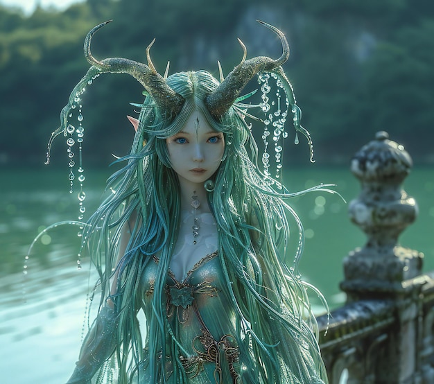 Photo a female anime girl with a blue hair and horns is standing in front of a fountain