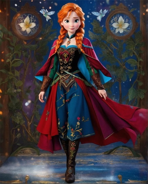 Female Anne from Frozen flowing aurbana red blonda hair velvet and silk clothing embroidered