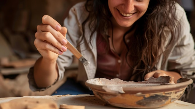 Female archaeologist repairs damaged pottery to conceal negligence or showcase mindful usage Smiling lady uses adhesive to refurbish ceramic artifacts discovered during dig to exhibit at museum