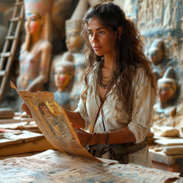 Female archeologist analyzing the symbolism depicted in ancient cave art