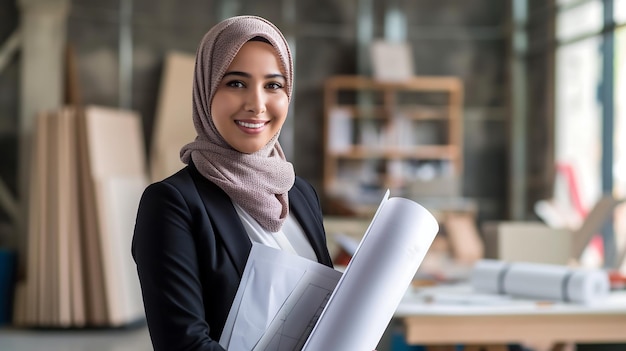 Female architect in blazer and hijab holds blueprints smiling confidently workbench with model