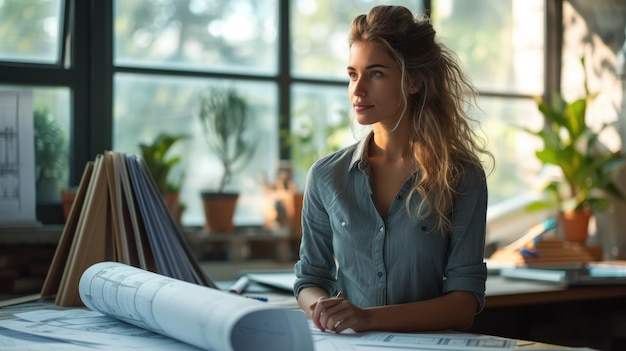 Female Architect Concentrating on Blueprints in Sunlit Office