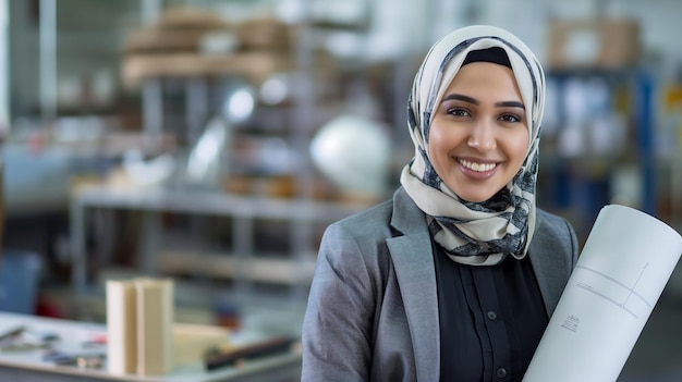 Female architect in hijab and blazer with blueprints smiling showcasing architectural vision