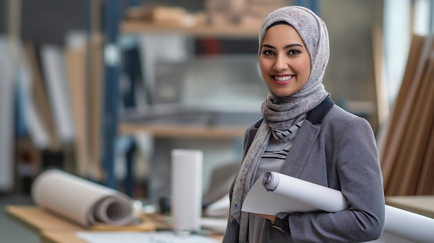 Female architect in hijab holding blueprints smiling confidently workbench with model