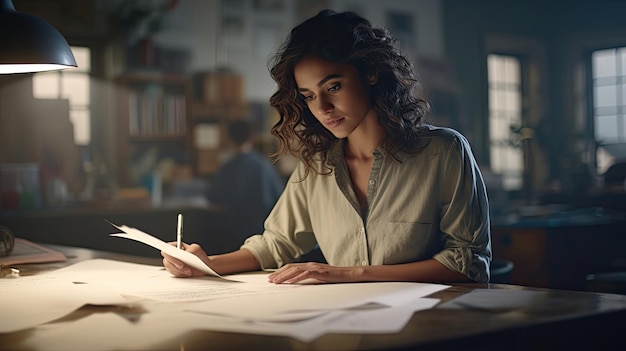 female architect screenwriter drawing and writing seriously on paper in comfortable studio room