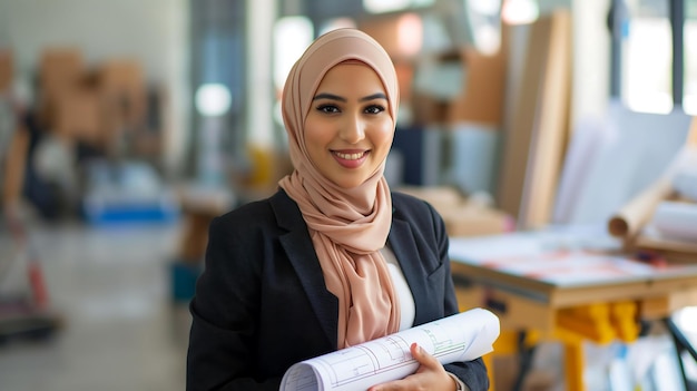 Female architect with hijab and blazer holds blueprints smiling architectural vision on display