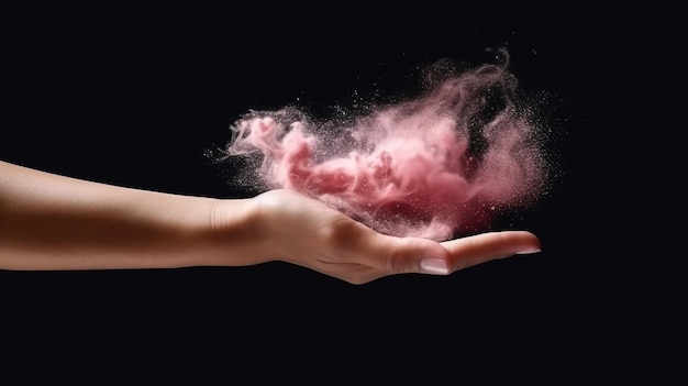 Female arm and pink dust cloud on dark background