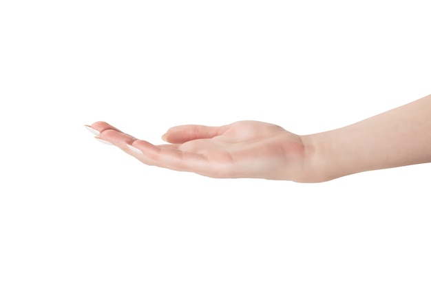 female arm turned palm up on white background