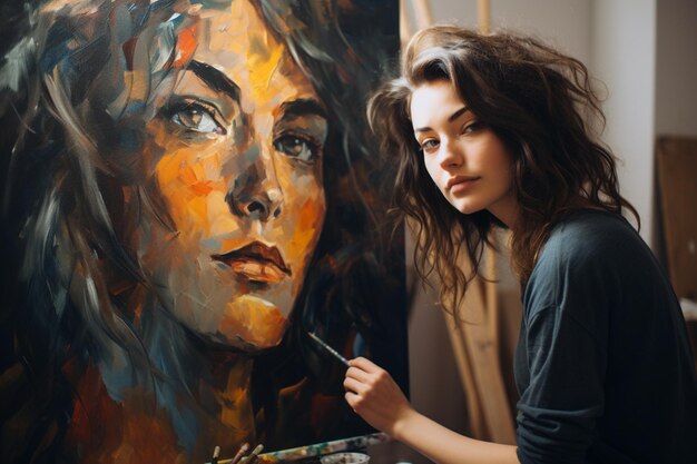 Photo female artist painting portrait on canvas