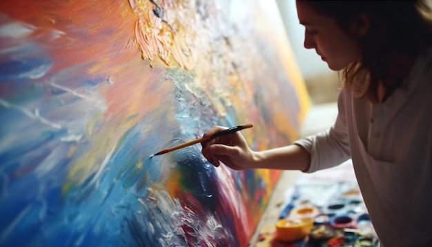 Female Artist Works on Abstract Oil Painting Moving