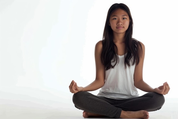 female asian teenager doing yoga against white background