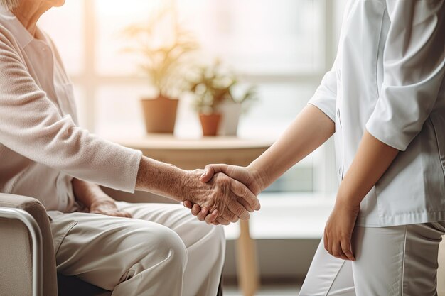 Female assistant shakes hands with an elderly woman to help her