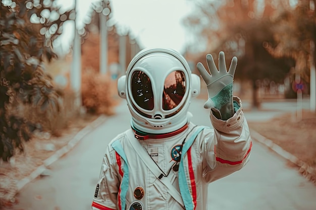 Female astronaut in alien mask giving peace sign on sidewalk