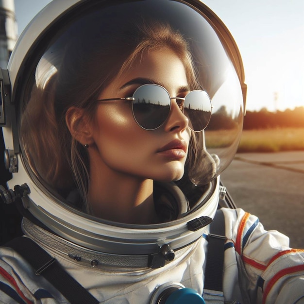 Female astronaut looking away through space helmet during sunny day