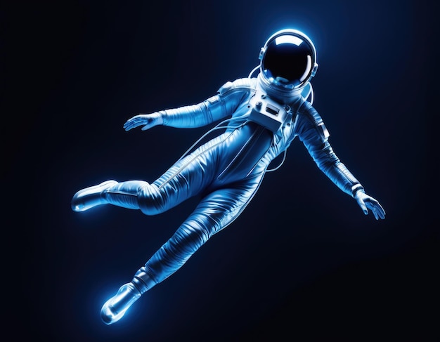 Female astronaut in the open space wearing spacesuit against dark navy blue background AI generated