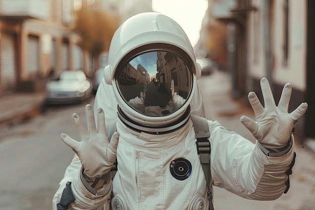 Female astronaut outdoors wearing alien mask gesturing