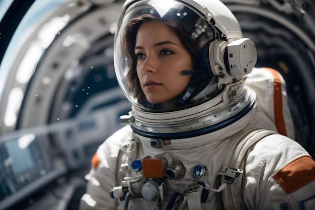 A female astronaut in space with a spacesuit