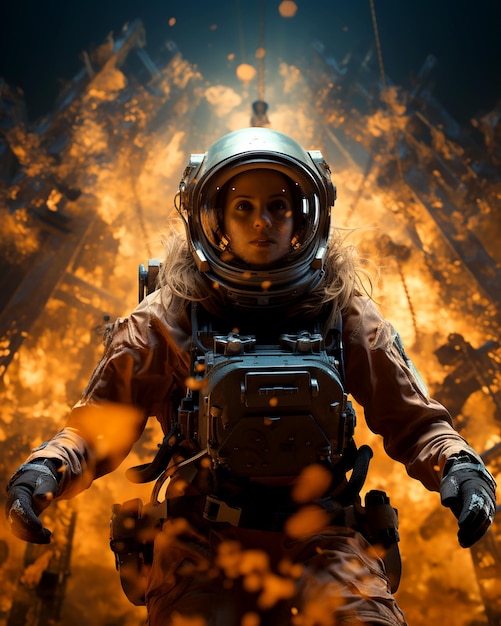 A female astronaut in a spacesuit looks in amazement at the new planet Space exploration new worlds