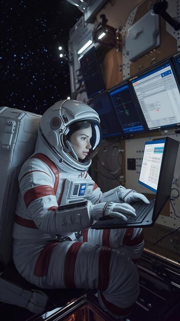 Photo female astronaut using a laptop computer in space inside a spacecraft