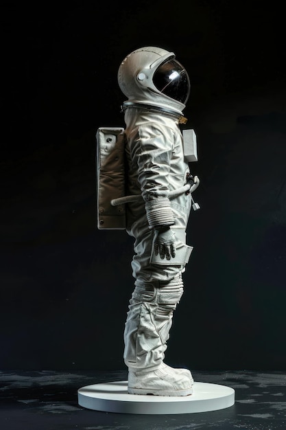 Female astronaut wearing spacesuit sculpture darkness standing