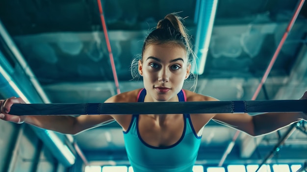 Female Athlete Doing Complicated Trick on Horizontal Gymnastics Bars In a professional gym