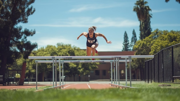 Photo a female athlete hurdles over a barrier on a track showcasing athleticism and determination